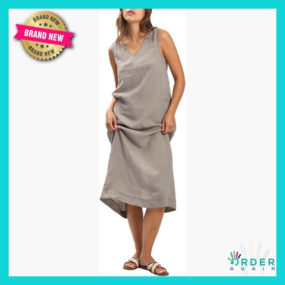 Linen Sleeveless V-Neck Midi Dress with Slit Casual Chic Relaxed Fit - Picture 1 of 7